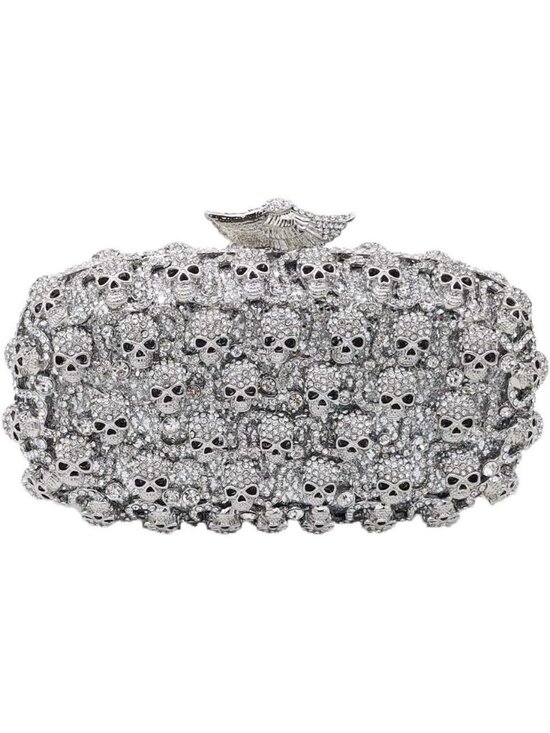 Handbags - Women's Silver Crystal Skull Clutch Purse Rhinestone Evening Halloween Bag